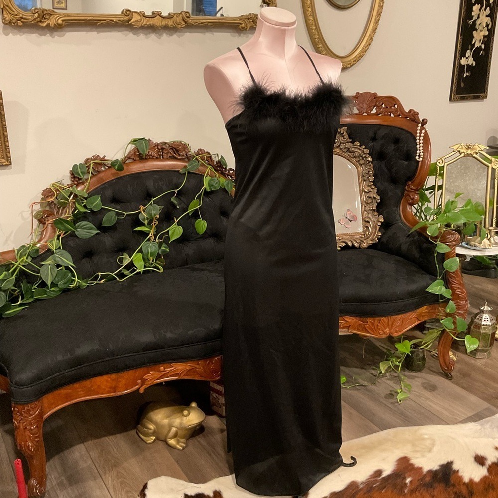 Vintage lingerie union‎ made Black Lace Trim Chemise night gown slip dress small